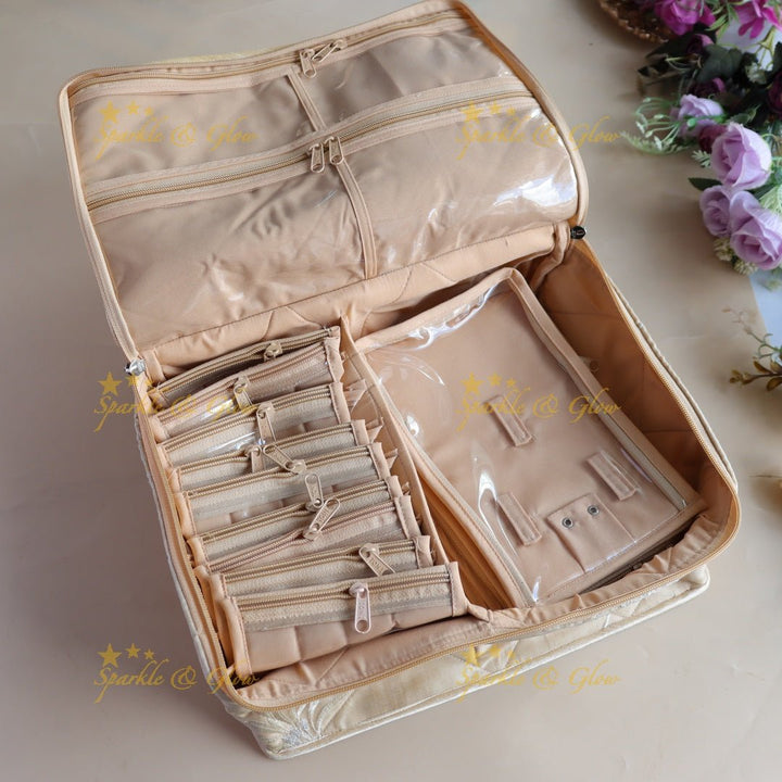 Spacious Leaf design Multiple section Jewellery Organiser - Cream - Sparkle and Glow - 