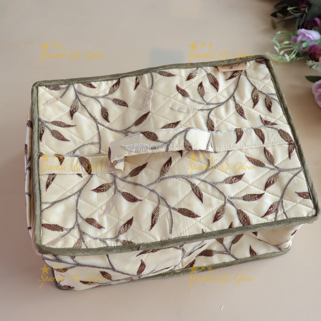 Spacious Embriodery Leaf design Multiple section Jewellery Organiser - Beige - Sparkle and Glow - 