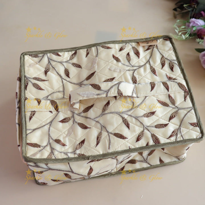 Spacious Embriodery Leaf design Multiple section Jewellery Organiser - Beige - Sparkle and Glow - 