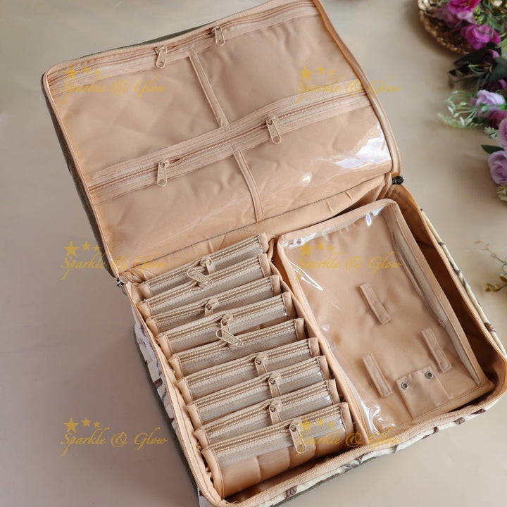 Spacious Embriodery Leaf design Multiple section Jewellery Organiser - Beige - Sparkle and Glow - 