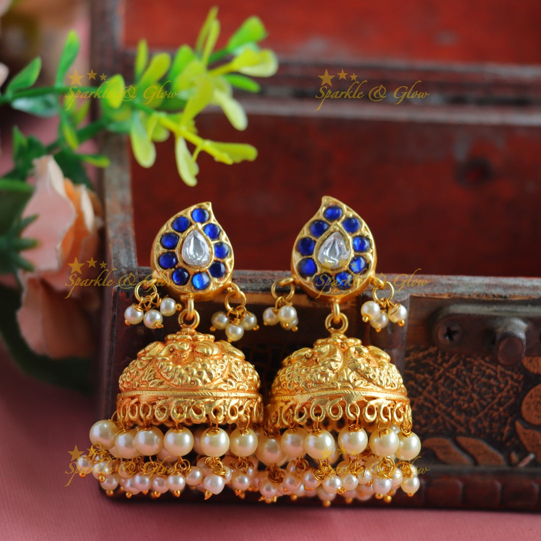 Gheru finish Peacock Jhumkas with pearls-Blue