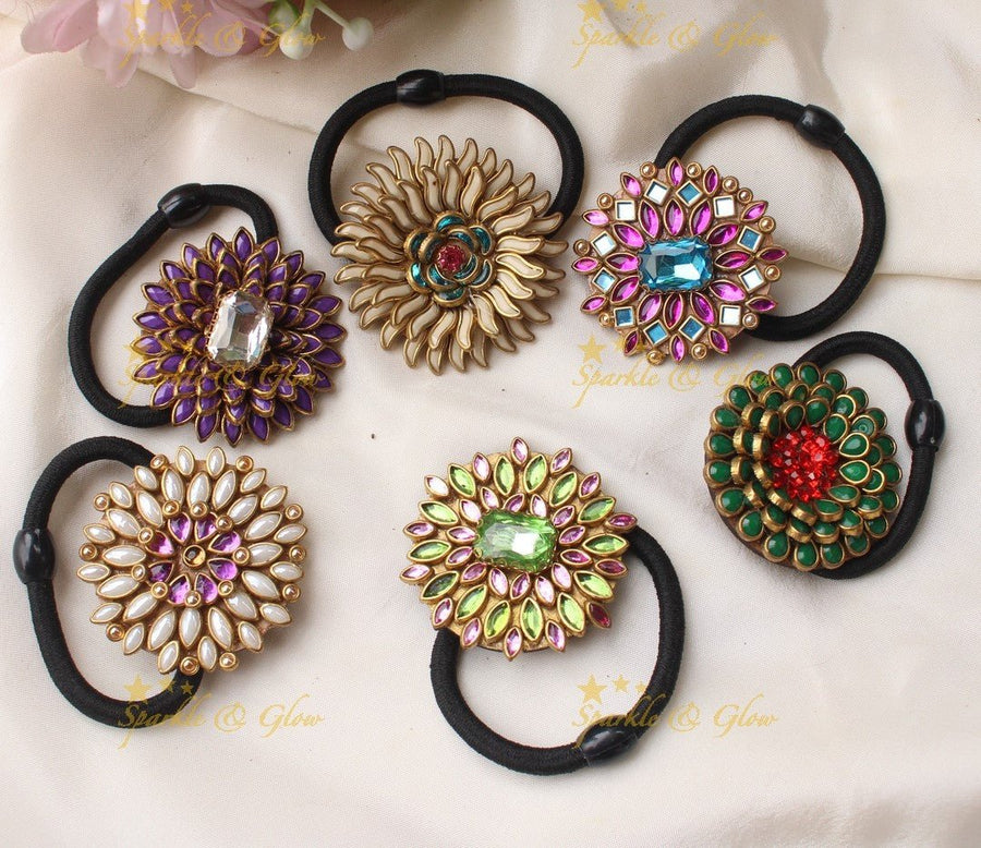 Elegant Sunflower design Silkthread Hairband - Set of 6 - Assorted colours for return gifts - Sparkle and Glow - 