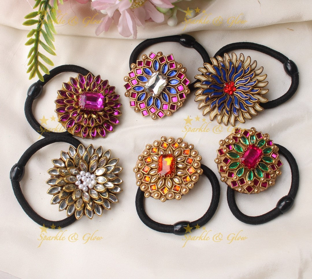 Beautiful Multi Floral design Silkthread Hairband- Set of 6- Assorted colours for return gifts