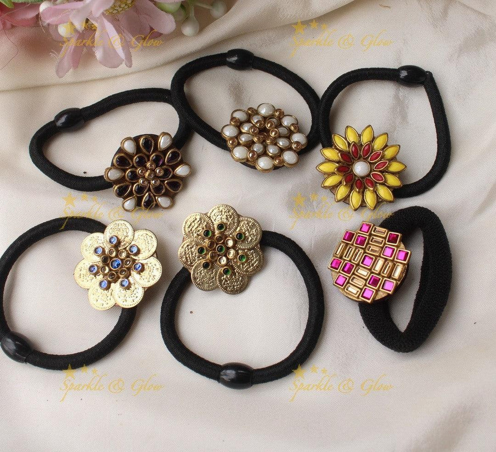 Elegant Coin Floral Silkthread Hairband- Set of 6- Assorted colours for return gifts - Sparkle and Glow