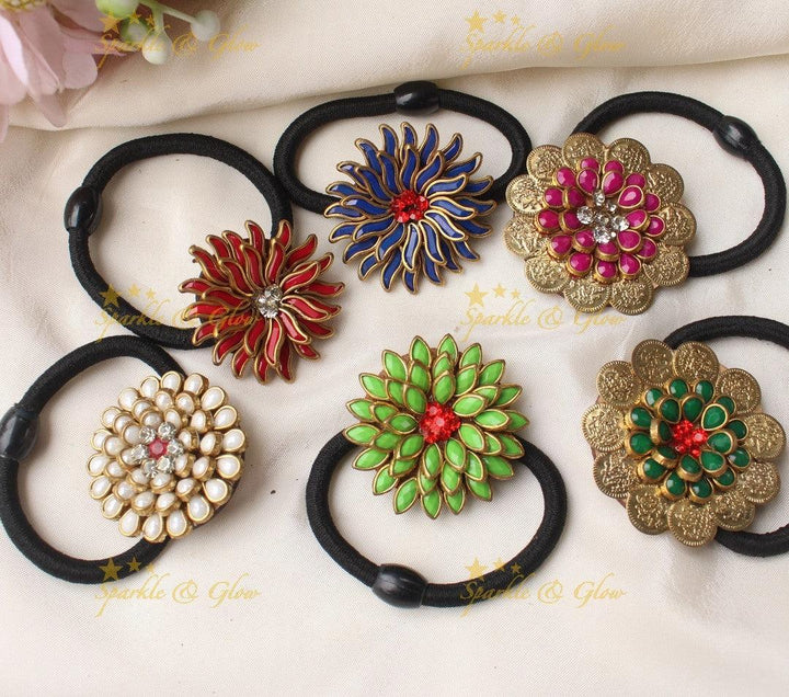 Sparkling Multi Floral and Leaf design Silkthread Hairband- Set of 6- Assorted colours for return gifts - Sparkle and Glow