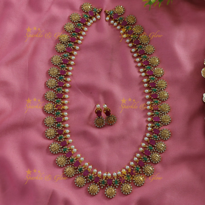 Elegant Ram parivar carved coin long necklace with ruby emerald stones and pearls