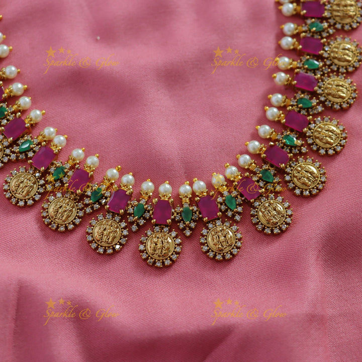 Elegant Ram parivar carved coin long necklace with ruby emerald stones and pearls