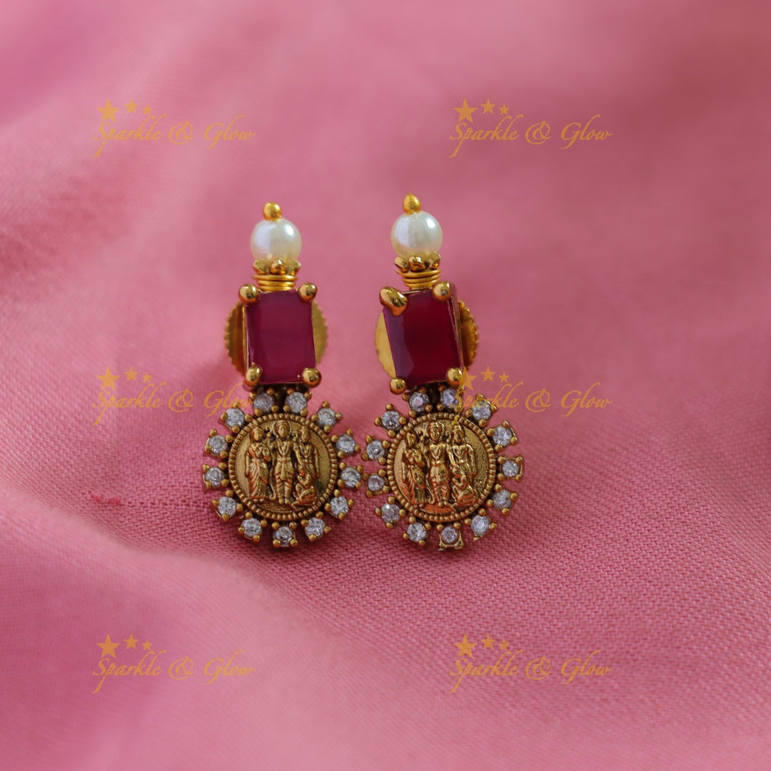 Elegant Ram parivar carved coin long necklace with ruby emerald stones and pearls