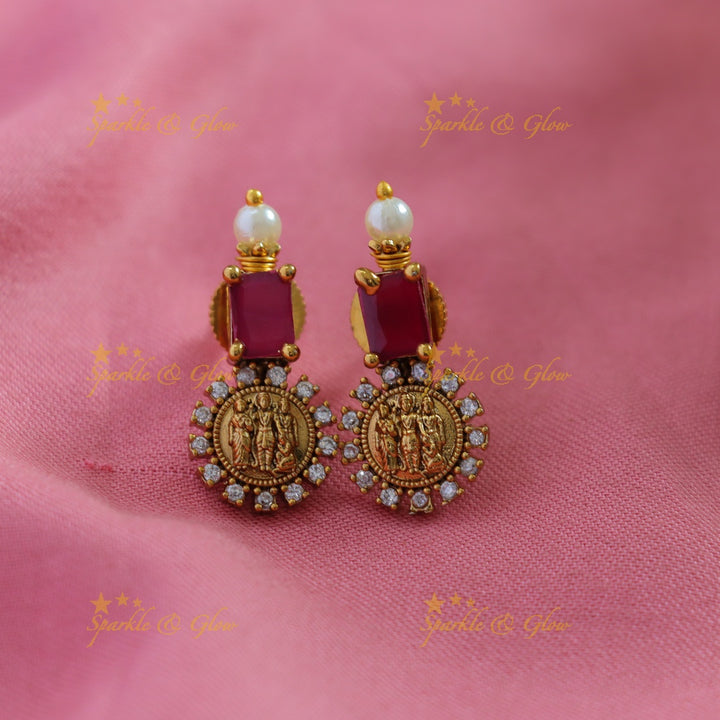 Elegant Ram parivar carved coin long necklace with ruby emerald stones and pearls