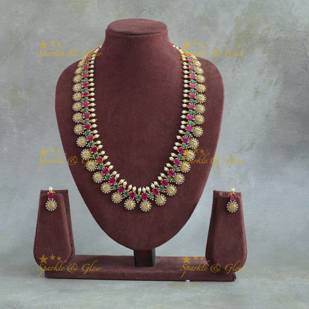 Elegant Ram parivar carved coin long necklace with ruby emerald stones and pearls