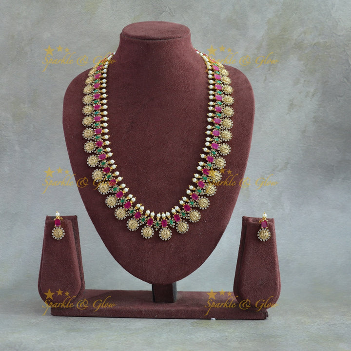 Elegant Ram parivar carved coin long necklace with ruby emerald stones and pearls