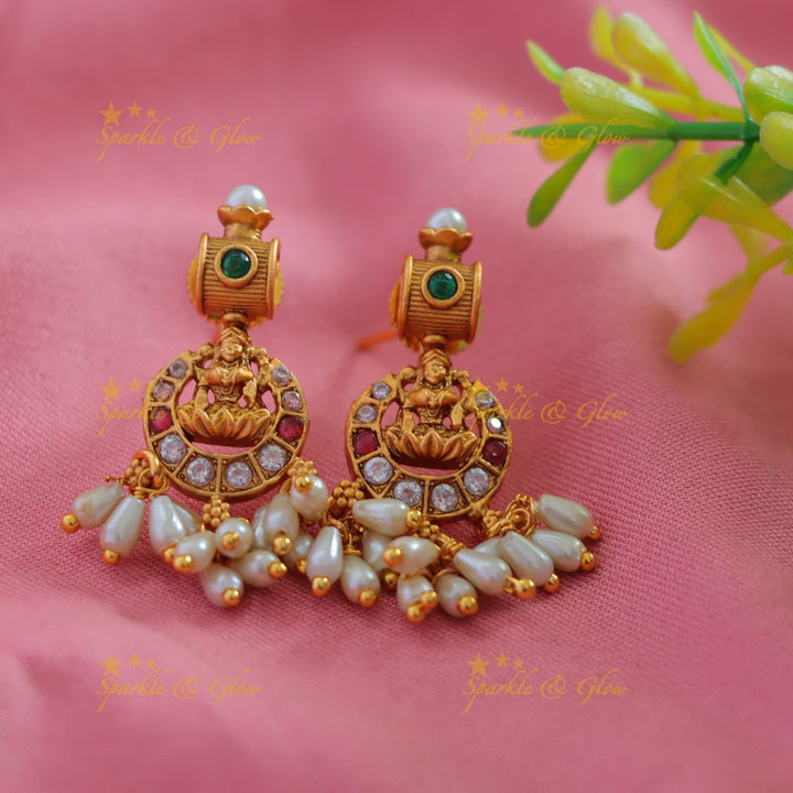 Beautiful Lakshmi carved gutta pusalu long necklace with multi colour stones and rice pearls