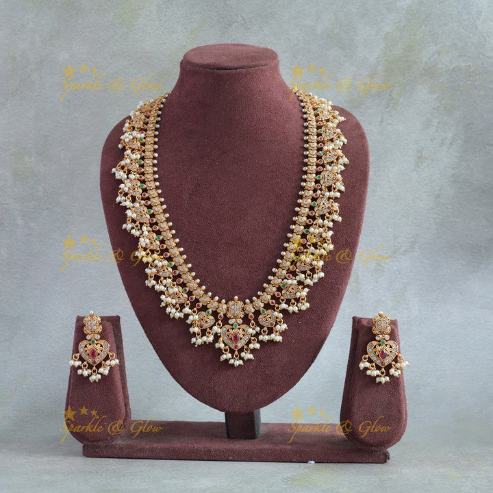 Stunning Leaf design gutta pusalu long necklace with ruby emerald and CZ stones