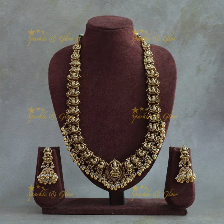 Grand Intricate Lakshmi peacock carved long necklace with gold beads - Sparkle and Glow