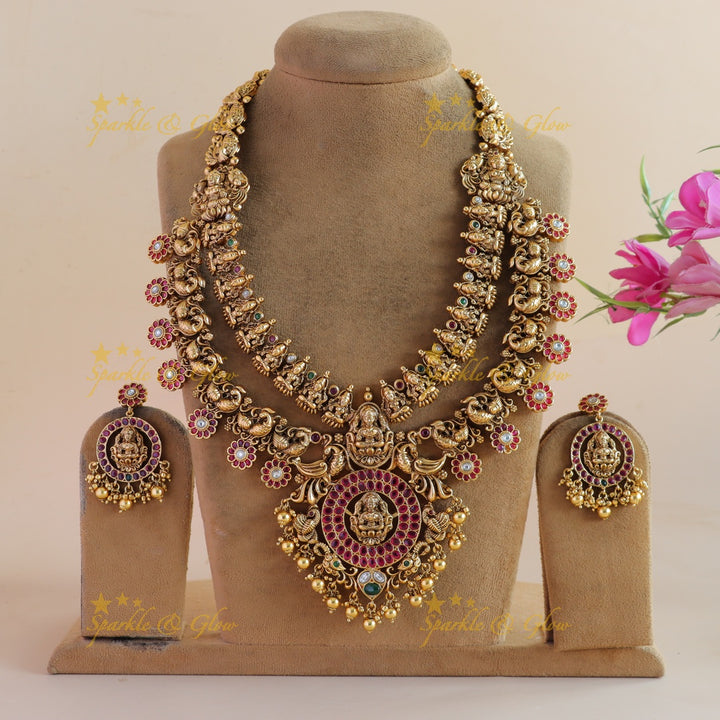 Stunning Lakshmi peacock carved two layer kemp stone bottu long necklace with gold beads