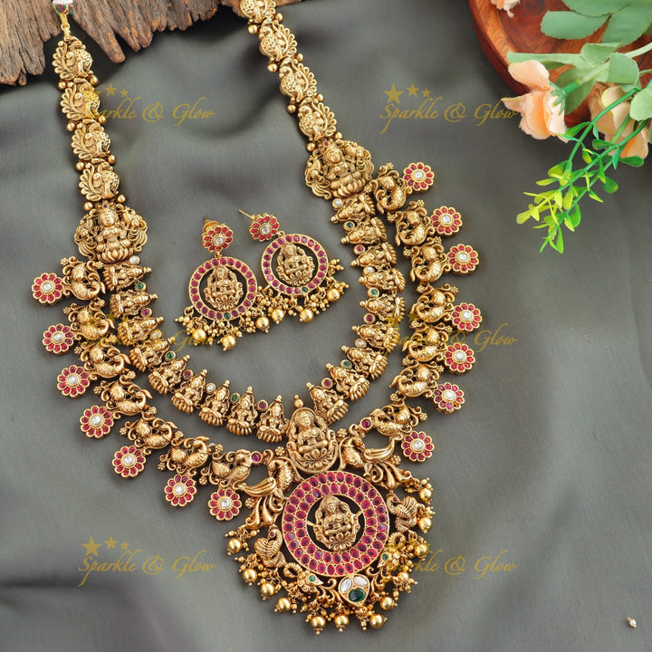 Stunning Lakshmi peacock carved two layer kemp stone bottu long necklace with gold beads