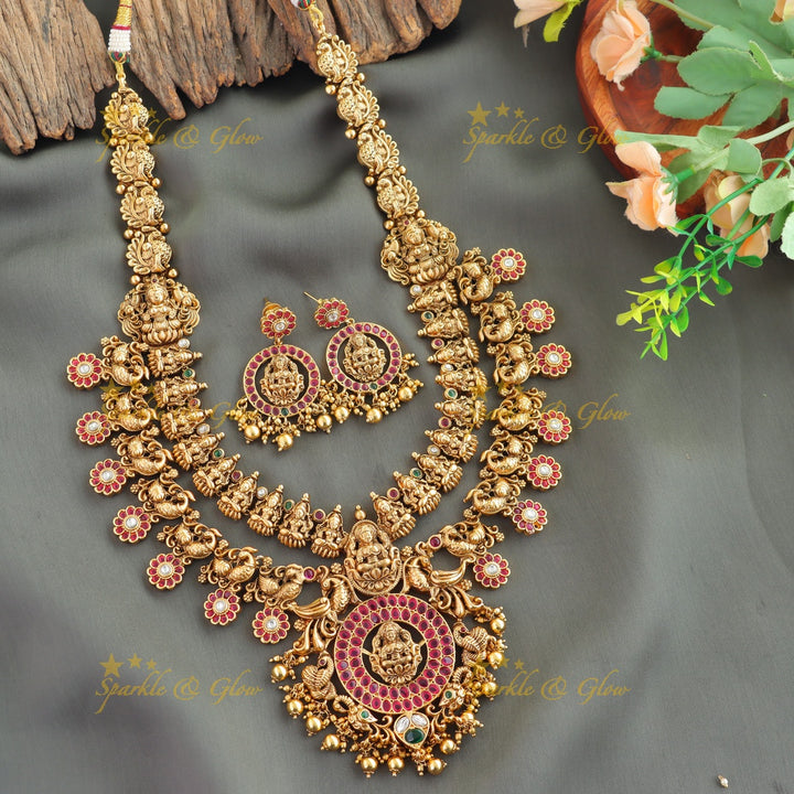 Stunning Lakshmi peacock carved two layer kemp stone bottu long necklace with gold beads