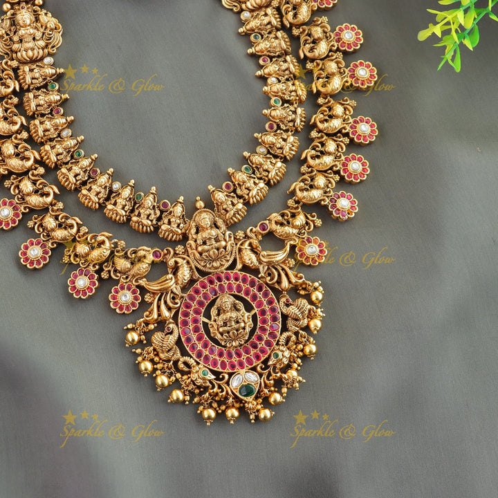 Stunning Lakshmi peacock carved two layer kemp stone bottu long necklace with gold beads