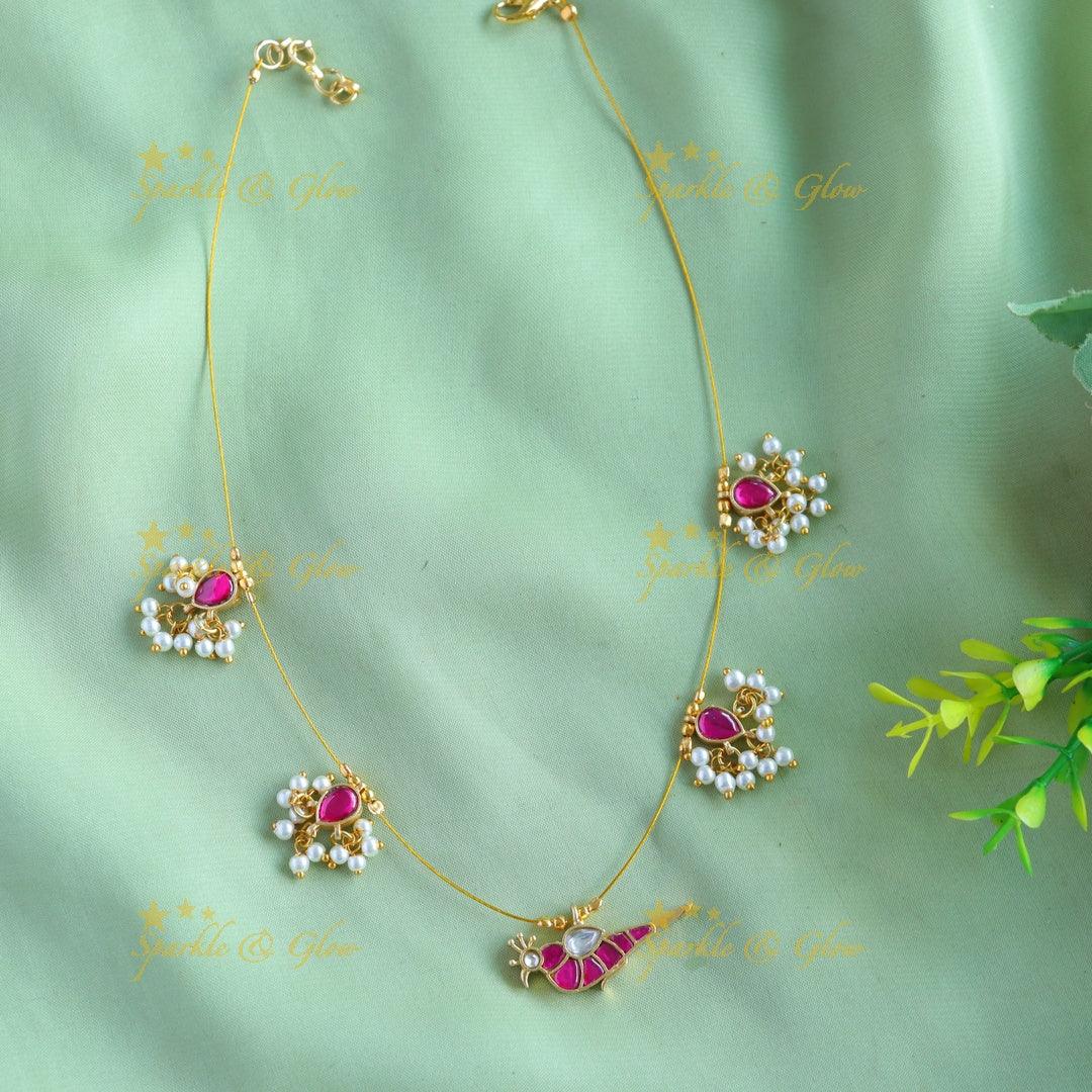 Beautiful Parot pendant design Floral gutta pusalu invisible short necklace - Sparkle and Glow