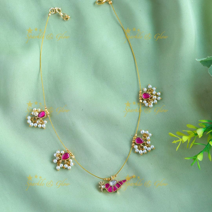 Beautiful Parot pendant design Floral gutta pusalu invisible short necklace - Sparkle and Glow
