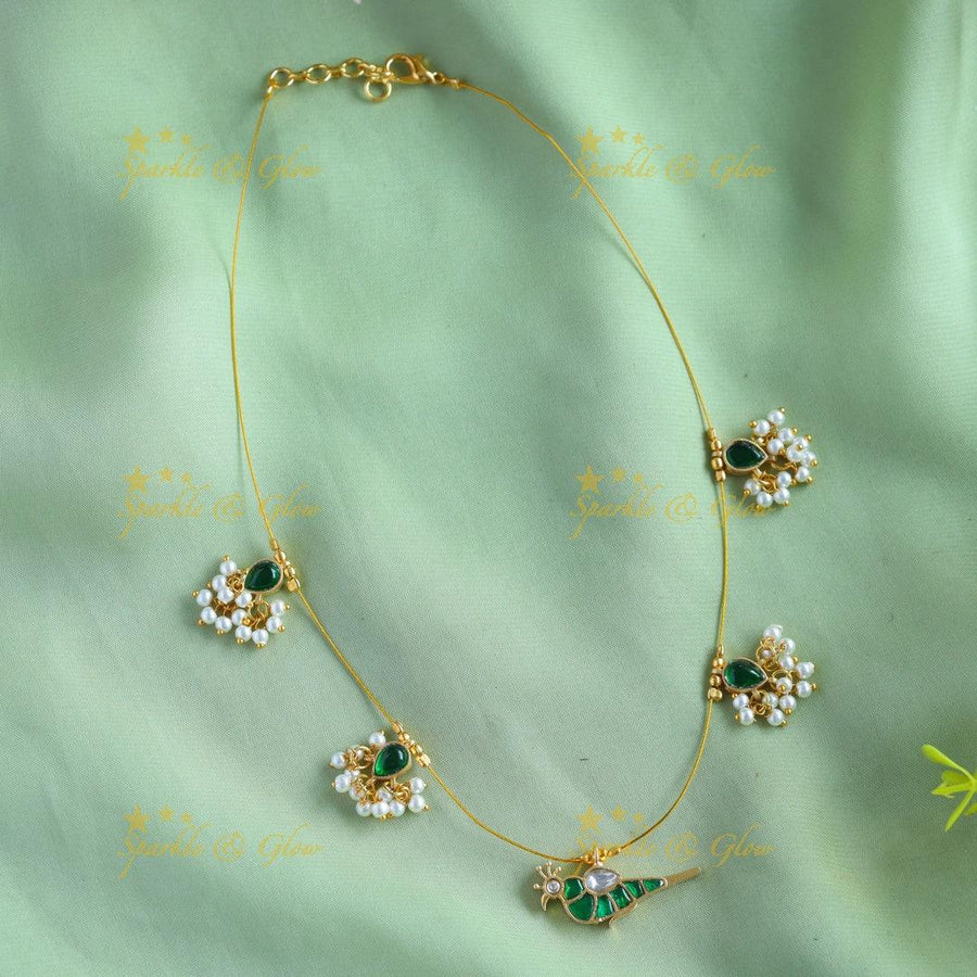 Beautiful Parot pendant design Floral gutta pusalu invisible short necklace - Sparkle and Glow