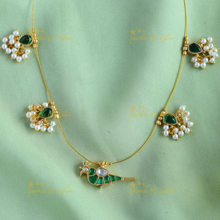Beautiful Parot pendant design Floral gutta pusalu invisible short necklace - Sparkle and Glow