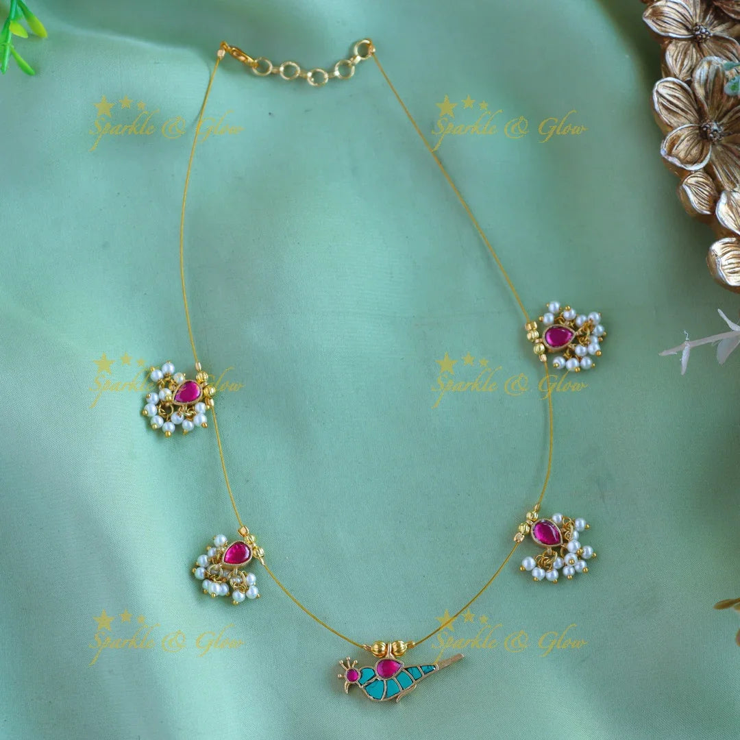 Beautiful Parot pendant design Floral gutta pusalu invisible short necklace - Sparkle and Glow