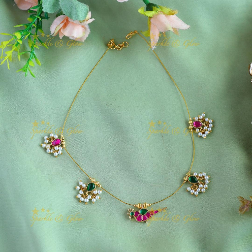 Beautiful Parot pendant design Floral gutta pusalu invisible short necklace - Sparkle and Glow