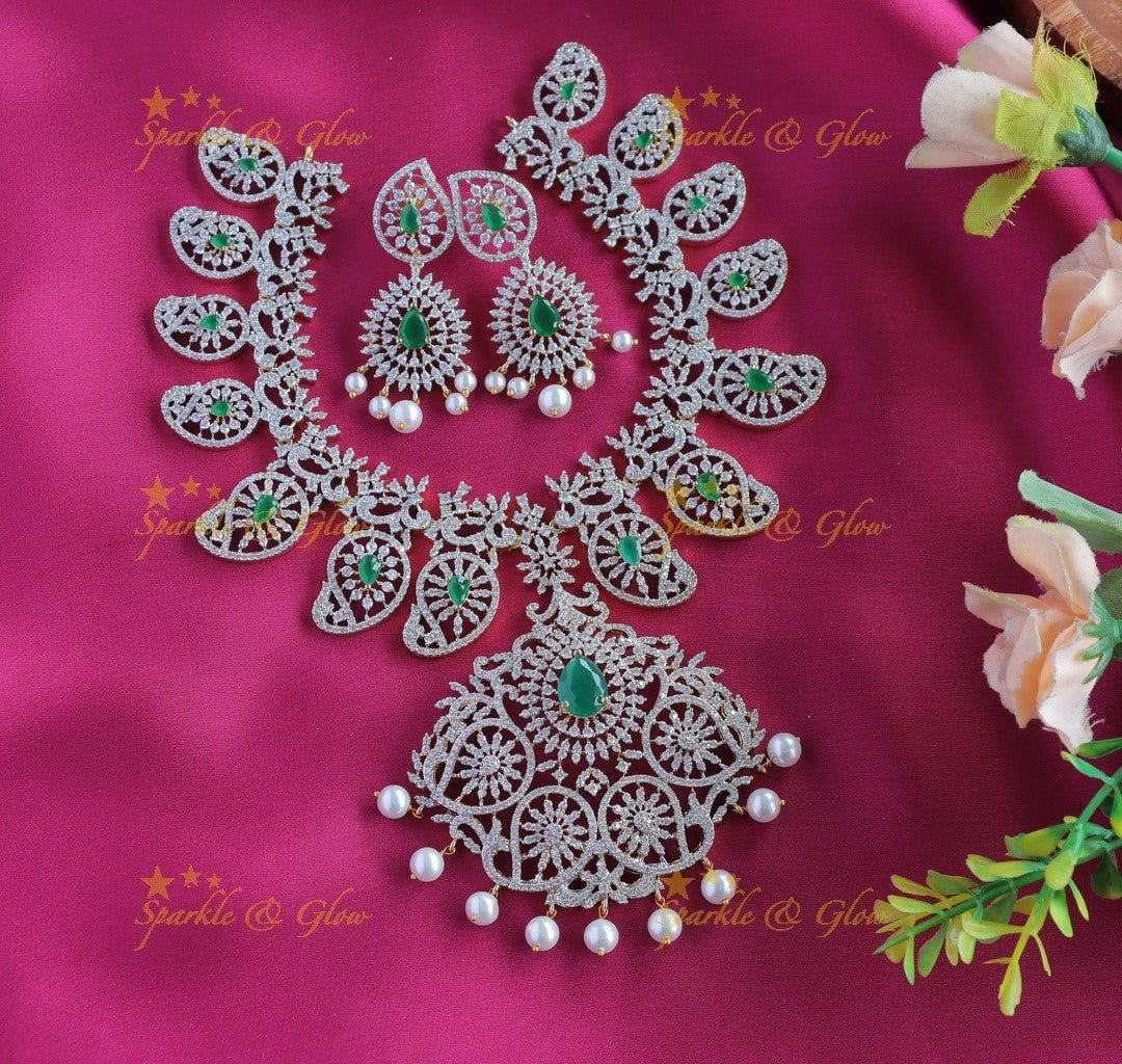 Gracious Mango Floral carved AMerican diamond Short necklace - Ruby - Sparkle and Glow - Ruby - Back Thread