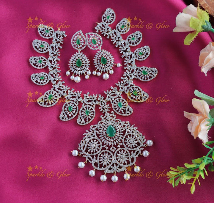Gracious Mango Floral carved AMerican diamond Short necklace - Ruby - Sparkle and Glow - Ruby - Back Thread