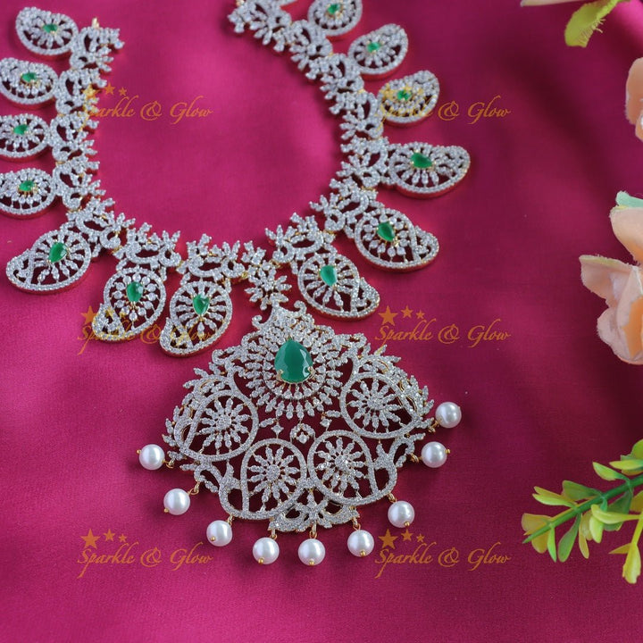 Gracious Mango Floral carved AMerican diamond Short necklace - Ruby - Sparkle and Glow - Green - Back Thread