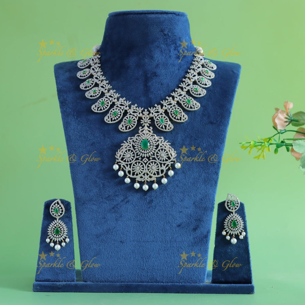 Gracious Mango Floral carved AMerican diamond Short necklace - Ruby - Sparkle and Glow - Ruby - Back Thread