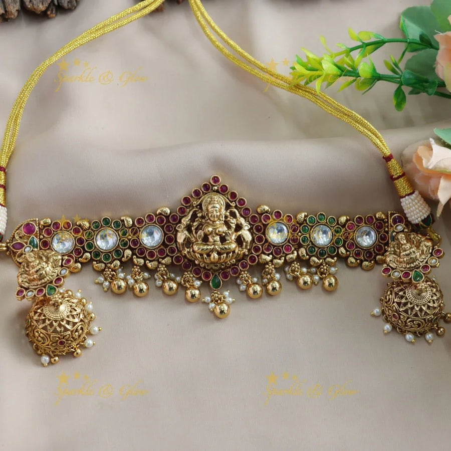 Elegant Lakshmi Floral design choker with ruby emerald stones and pearls and gold beads - Sparkle and Glow