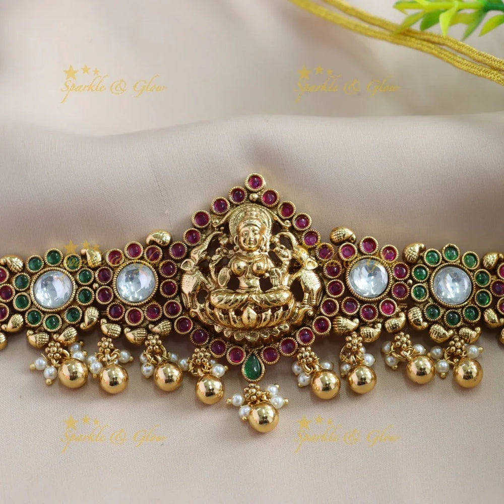 Elegant Lakshmi Floral design choker with ruby emerald stones and pearls and gold beads - Sparkle and Glow