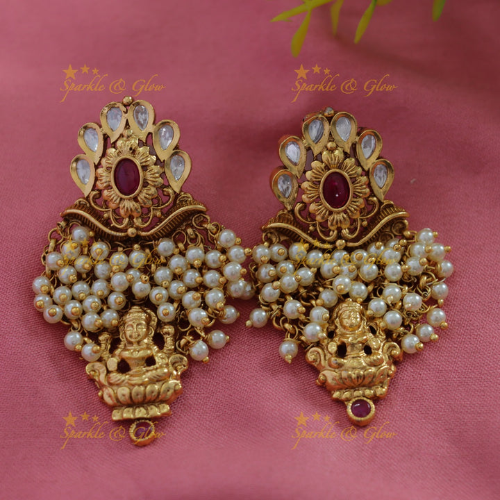 Exclusive Lakshmi elephant carved cluster pearl long necklace with stones and green beads