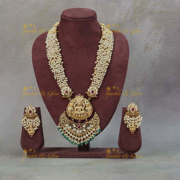 Exclusive Lakshmi elephant carved cluster pearl long necklace with stones and green beads