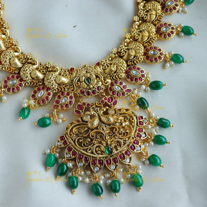 Stunning Mango peacock kemp stone short necklace with green beads