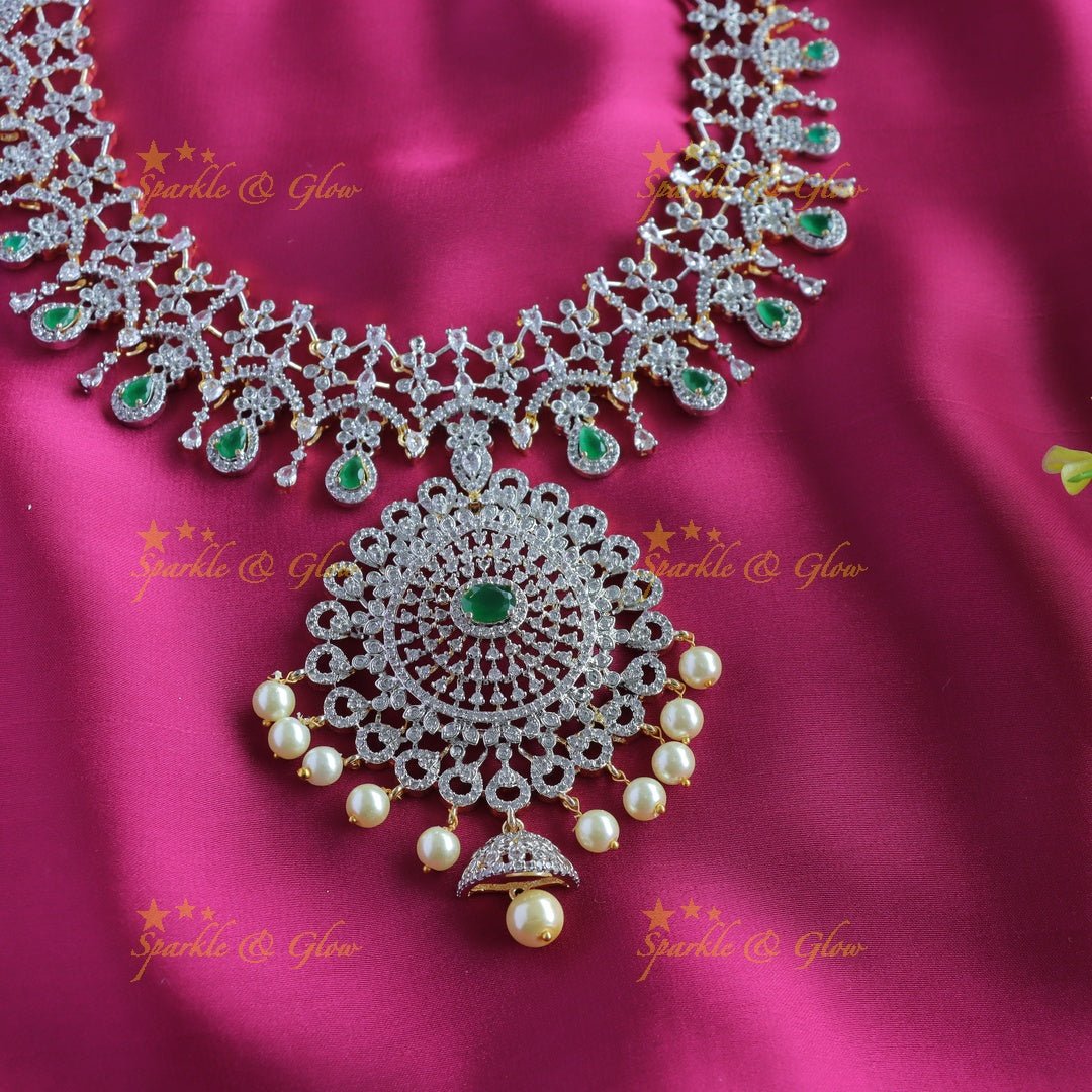 Intricately carved Floral pendant GJ polish AD Haram with waterdrop blue stones and pearls - Sparkle and Glow - Green - Back Thread
