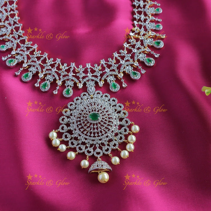 Intricately carved Floral pendant GJ polish AD Haram with waterdrop blue stones and pearls - Sparkle and Glow - Green - Back Thread