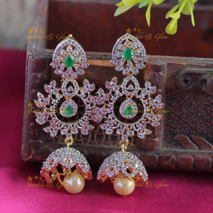 Intricately carved Floral pendant GJ polish AD Haram with waterdrop blue stones and pearls - Sparkle and Glow - Ruby - Back Thread