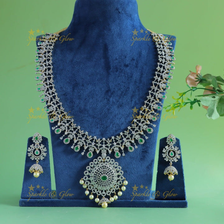 Intricately carved Floral pendant GJ polish AD Haram with waterdrop blue stones and pearls - Sparkle and Glow - Aqua blue - Back Thread