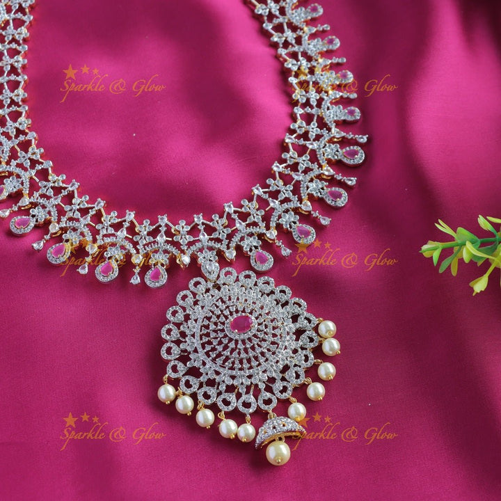 Intricately carved Floral pendant GJ polish AD Haram with waterdrop blue stones and pearls - Sparkle and Glow - Ruby - Back Thread