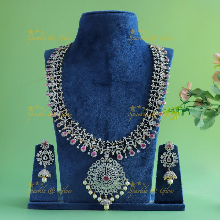 Intricately carved Floral pendant GJ polish AD Haram with waterdrop blue stones and pearls - Sparkle and Glow - Aqua blue - Back Thread