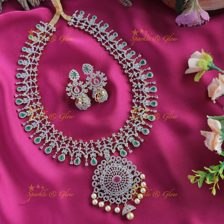 Intricately carved Floral pendant GJ polish AD Haram with waterdrop blue stones and pearls - Sparkle and Glow - Rubygreen - Back Thread