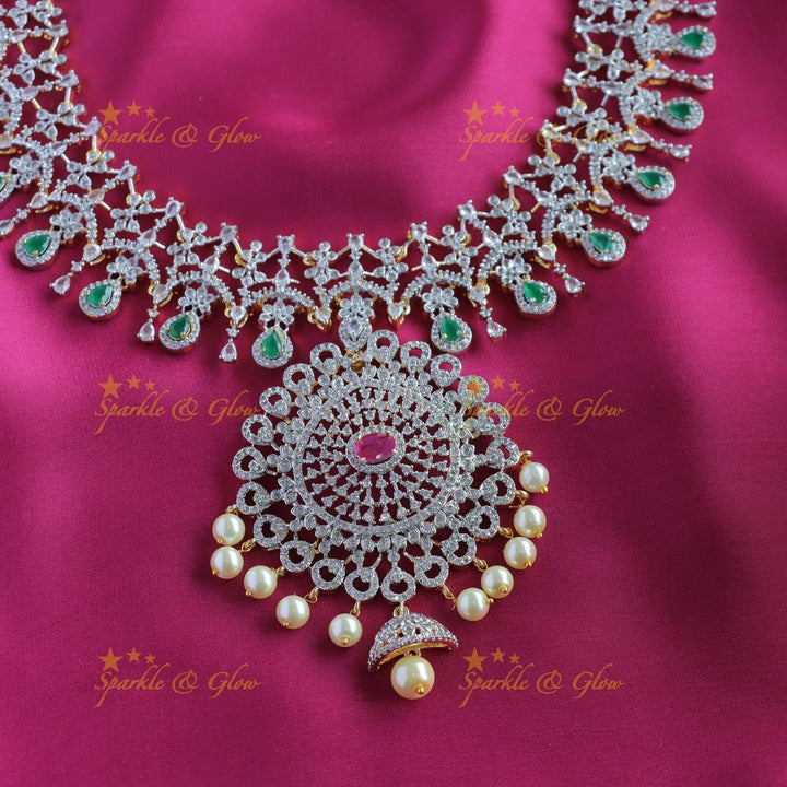 Intricately carved Floral pendant GJ polish AD Haram with waterdrop blue stones and pearls - Sparkle and Glow - Aqua blue - Back Thread