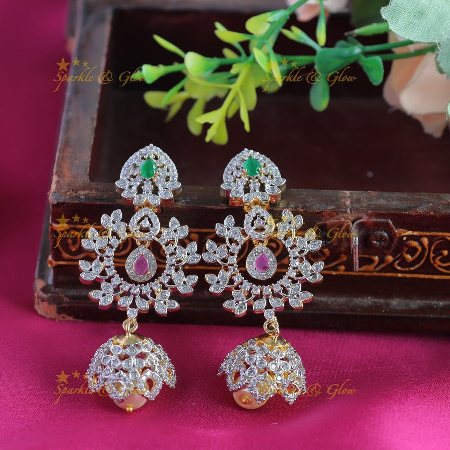 Intricately carved Floral pendant GJ polish AD Haram with waterdrop blue stones and pearls - Sparkle and Glow - Rubygreen - Back Thread