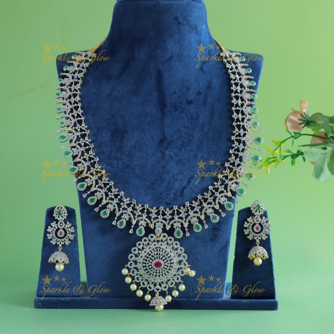 Intricately carved Floral pendant GJ polish AD Haram with waterdrop blue stones and pearls - Sparkle and Glow - Ruby - Back Thread