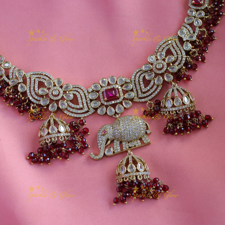 Gracious Floral Elephant carved Victorian AD short necklace with jhumuka drop