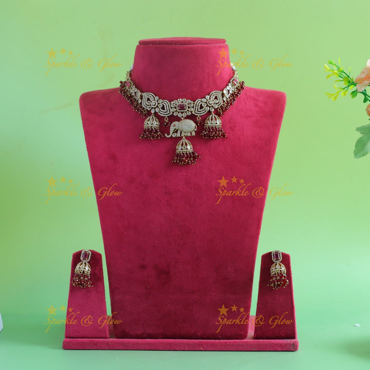 Gracious Floral Elephant carved Victorian AD short necklace with jhumuka drop