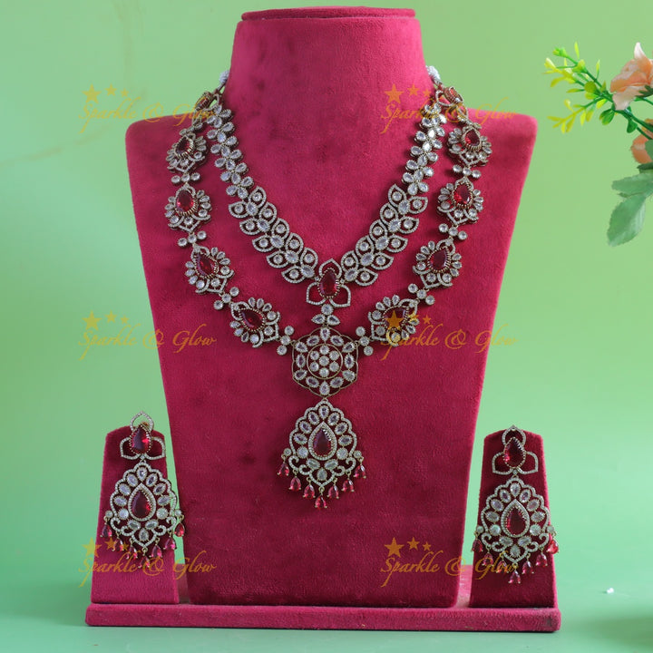 Grand Dual tone Floral pendant two layered Victorian AD short necklace